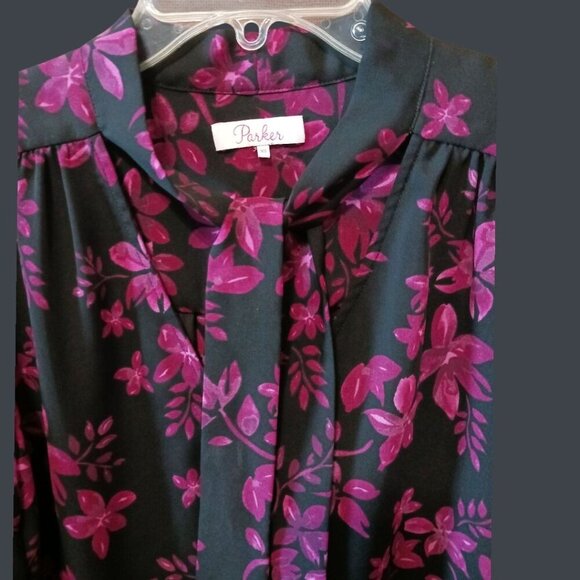 Parker Womens Floral Print  Long-Sleeve Blouse Tie Front Pink/black  Size Xsmall - Picture 7 of 14